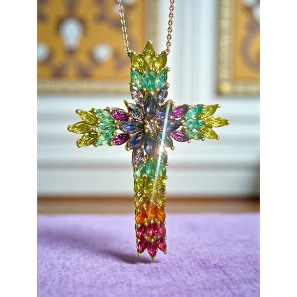 D'Joy Sterling Silver Multi Gemstone Cross Pendant-20'' Italy Chain-Rainbow-Bold - Picture 3 of 10